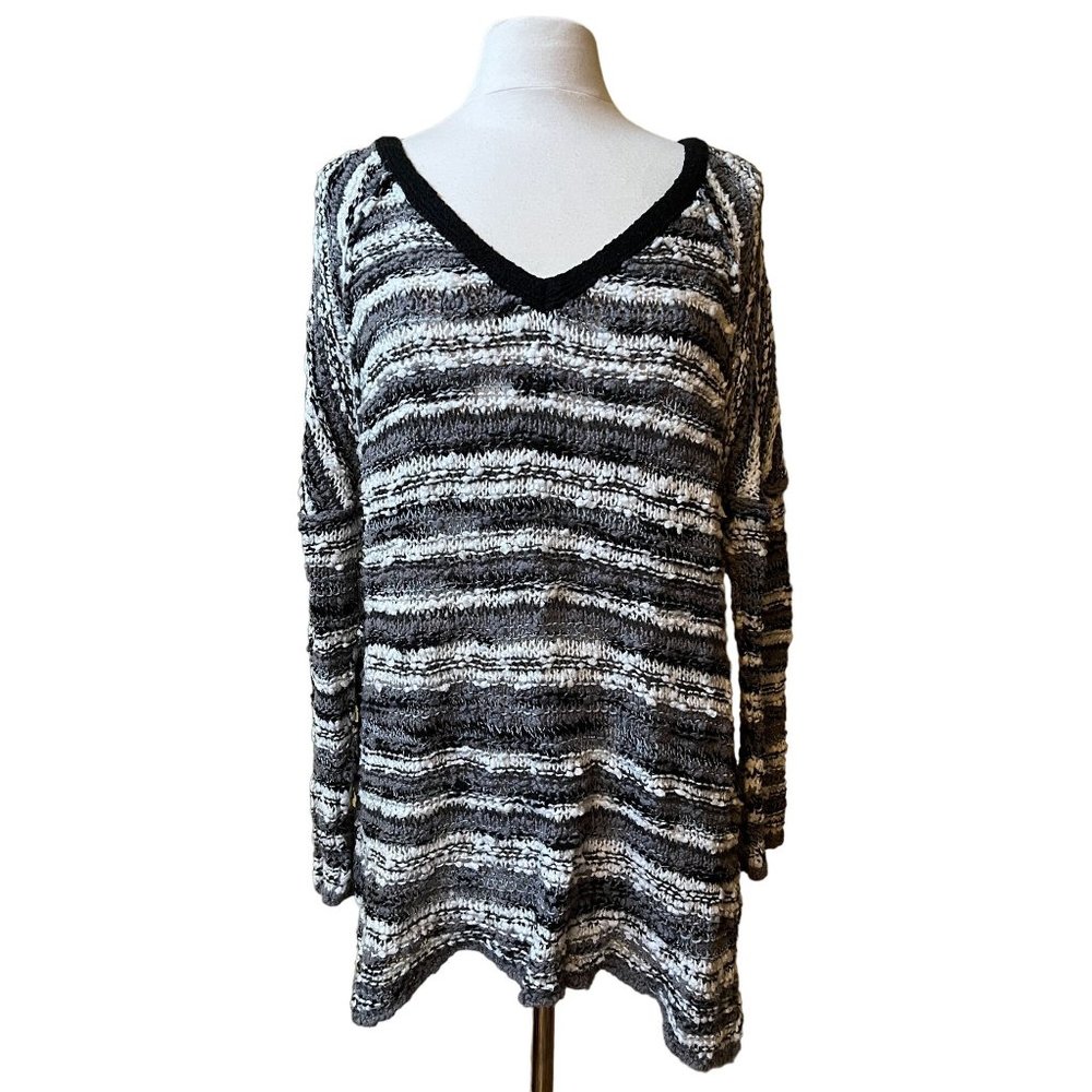 Free People Womens Songbird Boucle Sweater Black Crochet Knit Pullover